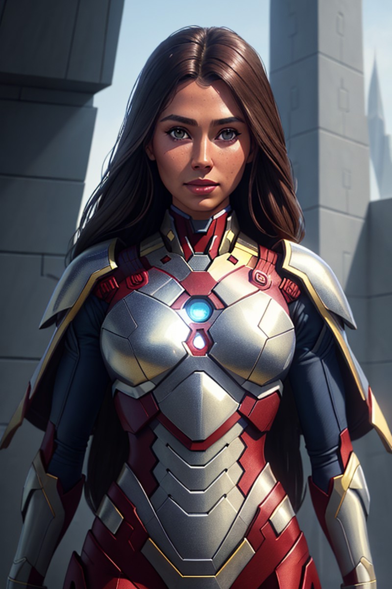 Architectural style Closeup fullbody portrait of female Ironman, crimsone long hair, intricate background, atmospheric sce...